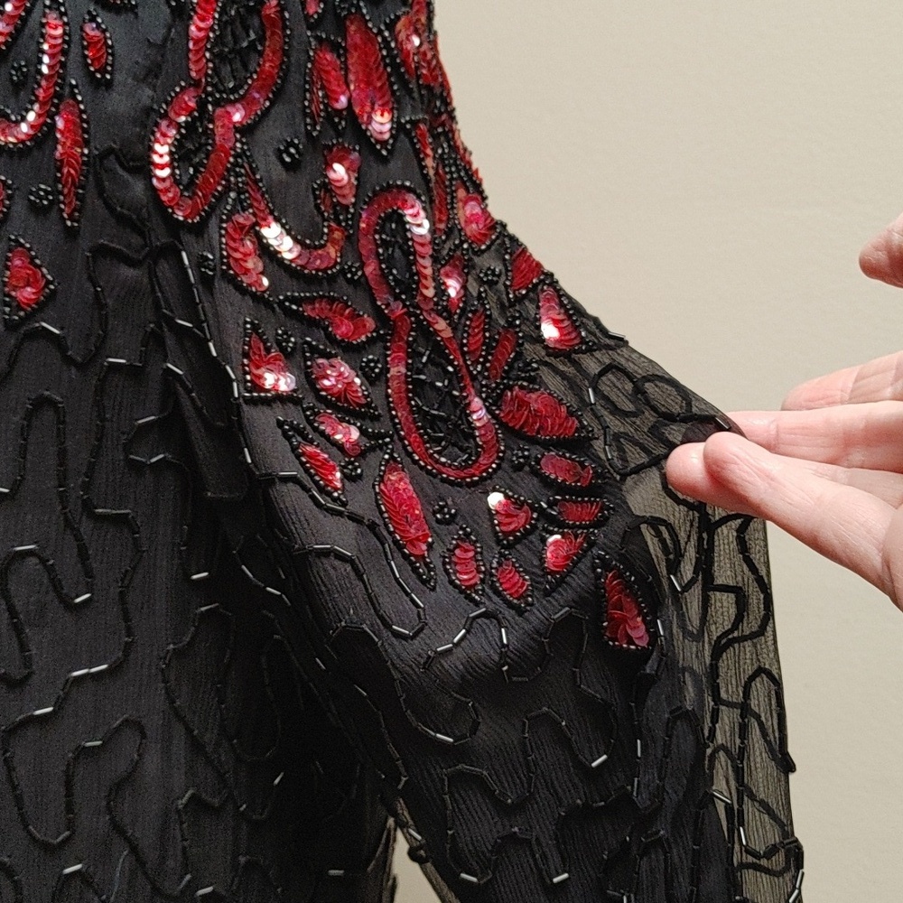 AP Ltd Black Silk Beaded w Red Sequins Top Size M - Picture 10 of 15